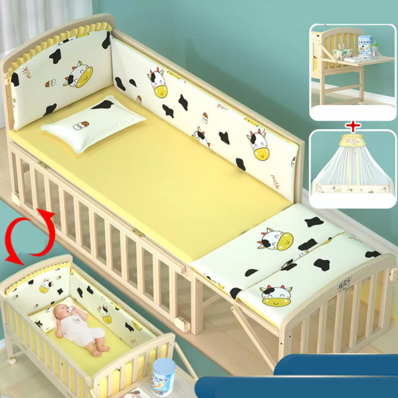 Convertible Baby Crib Wheels Wood Nursery Bed with Guardrail