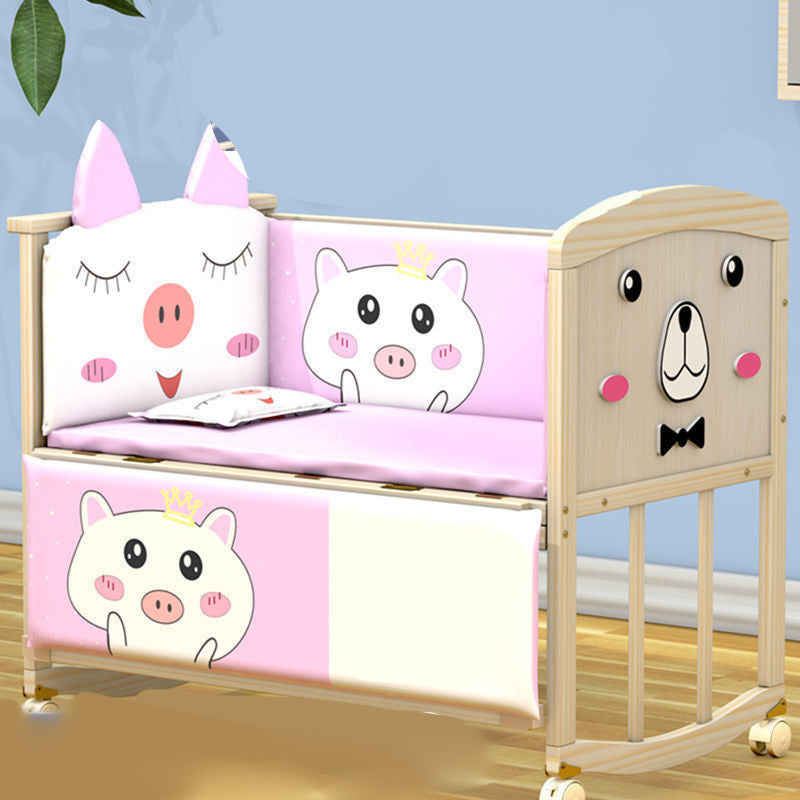 Convertible Baby Crib Wheels Wood Nursery Bed with Guardrail