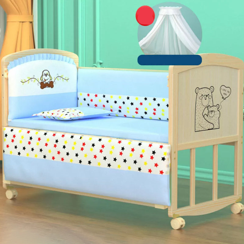 Convertible Baby Crib Wheels Wood Nursery Bed with Guardrail