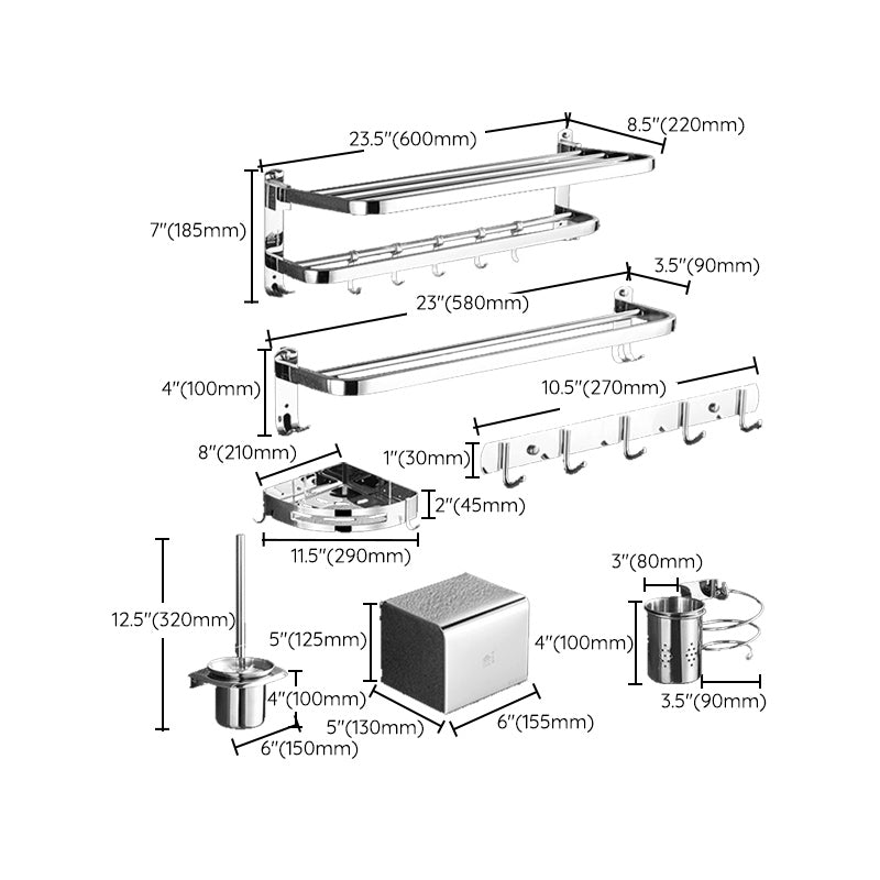 Polished Chrome Bath Hardware Set in Stainless Steel with Bath Shelf/Robe Hooks/Towel Bar