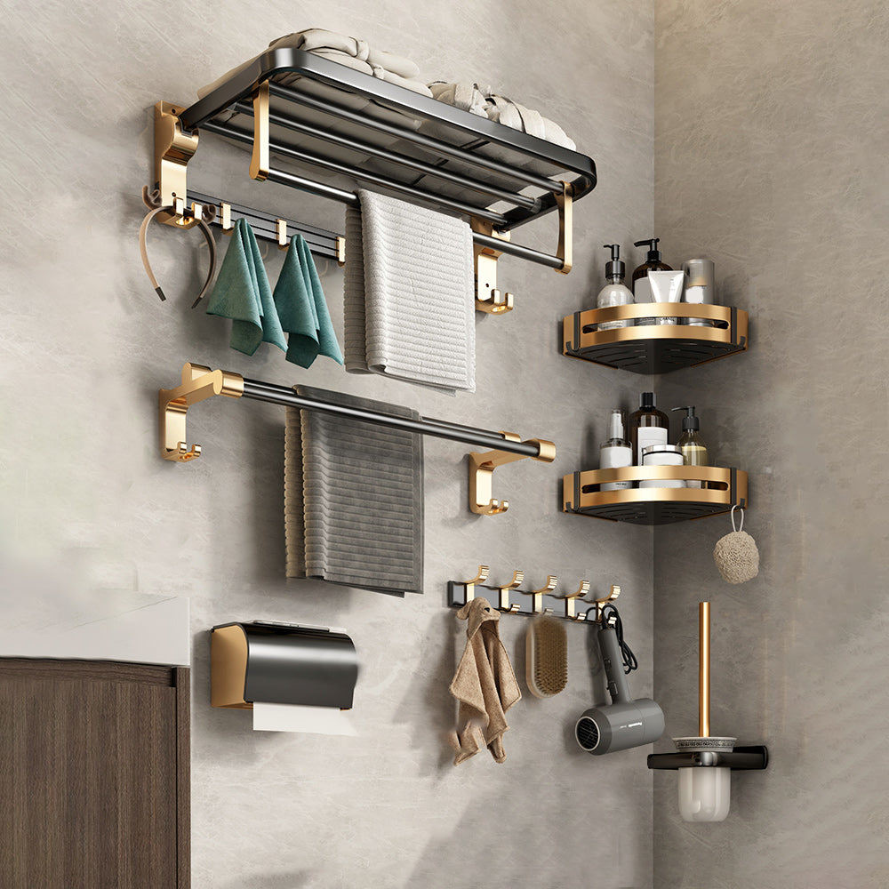 Black and Brass Bathroom Accessory Set Contemporary Bath Set with Bath Shelf/Towel Bar