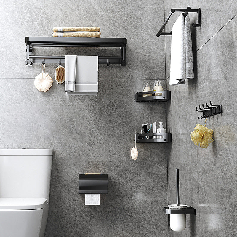 Modern Matte Black Bathroom Accessory Set with Bath Shelf/Robe Hooks/Towel Bar