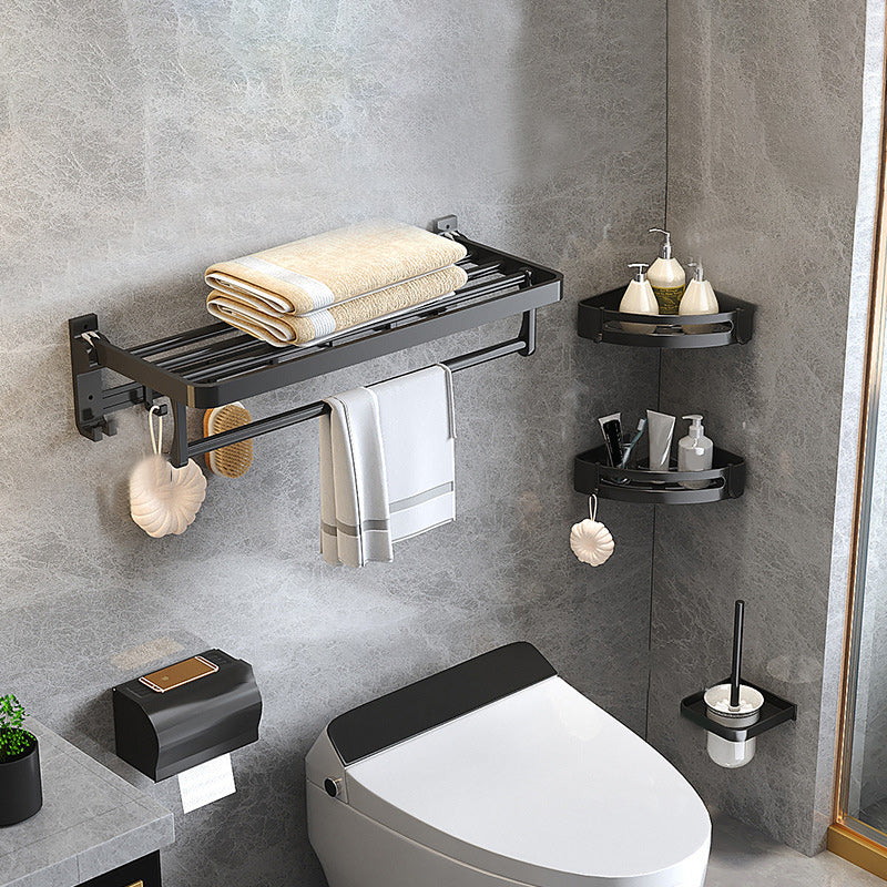 Modern Matte Black Bathroom Accessory Set with Bath Shelf/Robe Hooks/Towel Bar