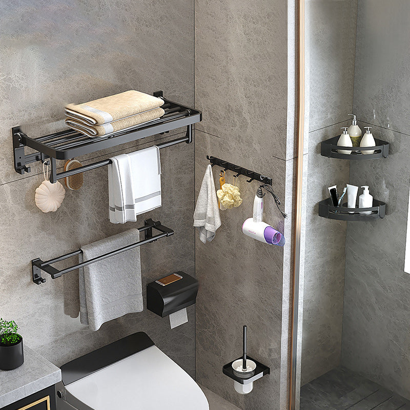 Modern Matte Black Bathroom Accessory Set with Bath Shelf/Robe Hooks/Towel Bar