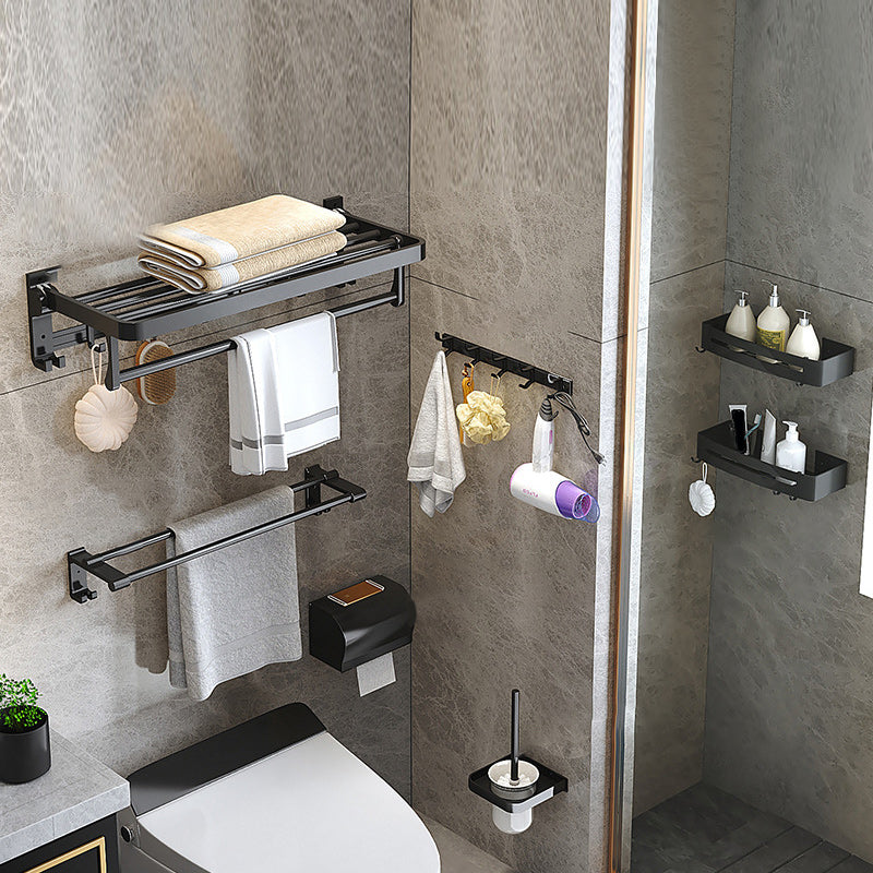 Modern Matte Black Bathroom Accessory Set with Bath Shelf/Robe Hooks/Towel Bar