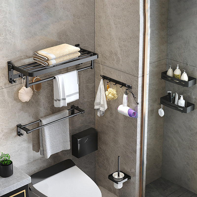 Modern Matte Black Bathroom Accessory Set with Bath Shelf/Robe Hooks/Towel Bar