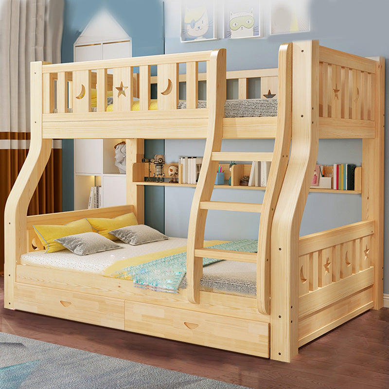 Contemporary Natural Solid Wood Bunk Bed with Built-In Ladder