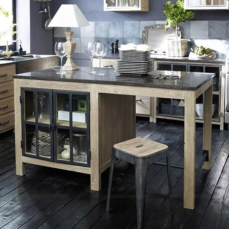 Modern Kitchen Island Table with Storage Cabinet Pine Wood Prep Table