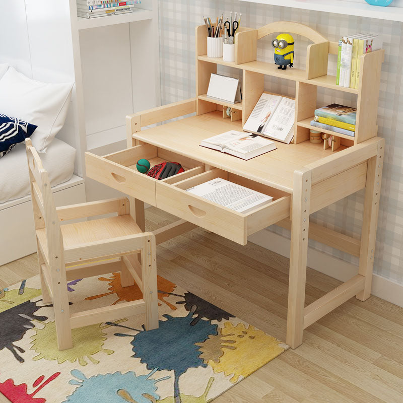 Pine Solid Wood Study Desk Table and Chair Set with Storage Shelves