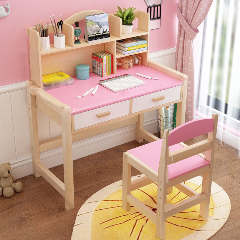 Pine Solid Wood Study Desk Table and Chair Set with Storage Shelves