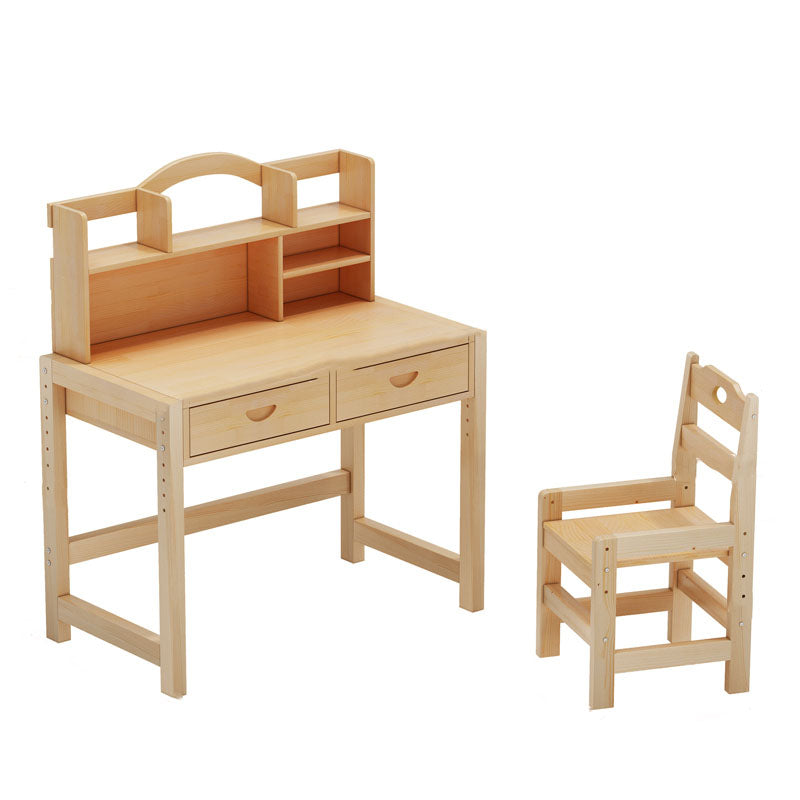 Pine Solid Wood Study Desk Table and Chair Set with Storage Shelves