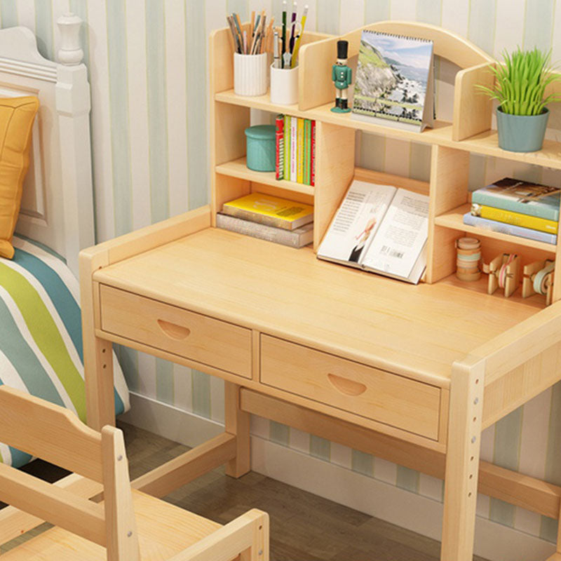 Pine Solid Wood Study Desk Table and Chair Set with Storage Shelves