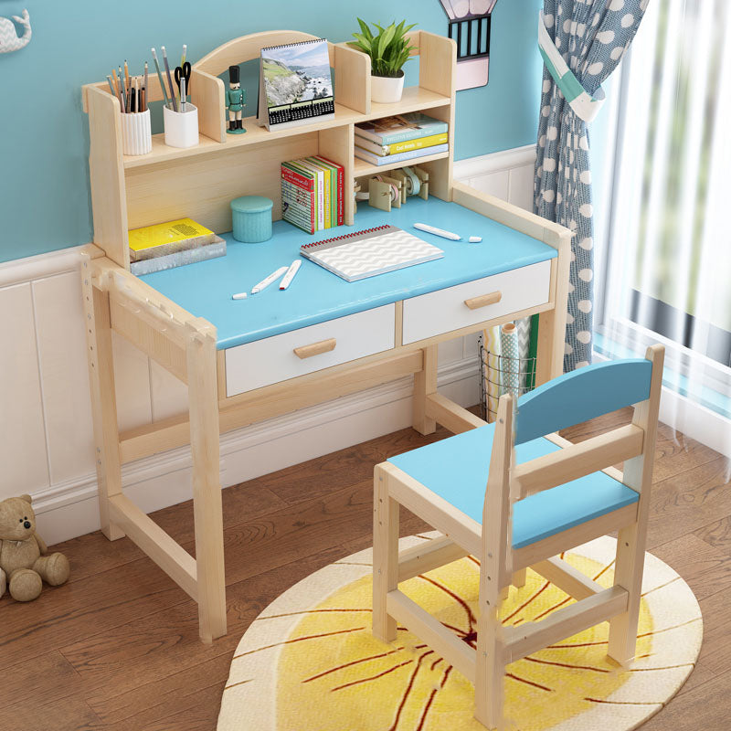 Pine Solid Wood Study Desk Table and Chair Set with Storage Shelves