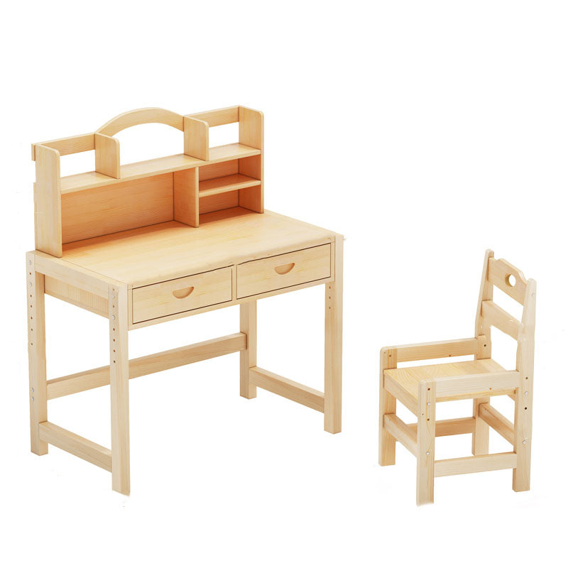 Pine Solid Wood Study Desk Table and Chair Set with Storage Shelves