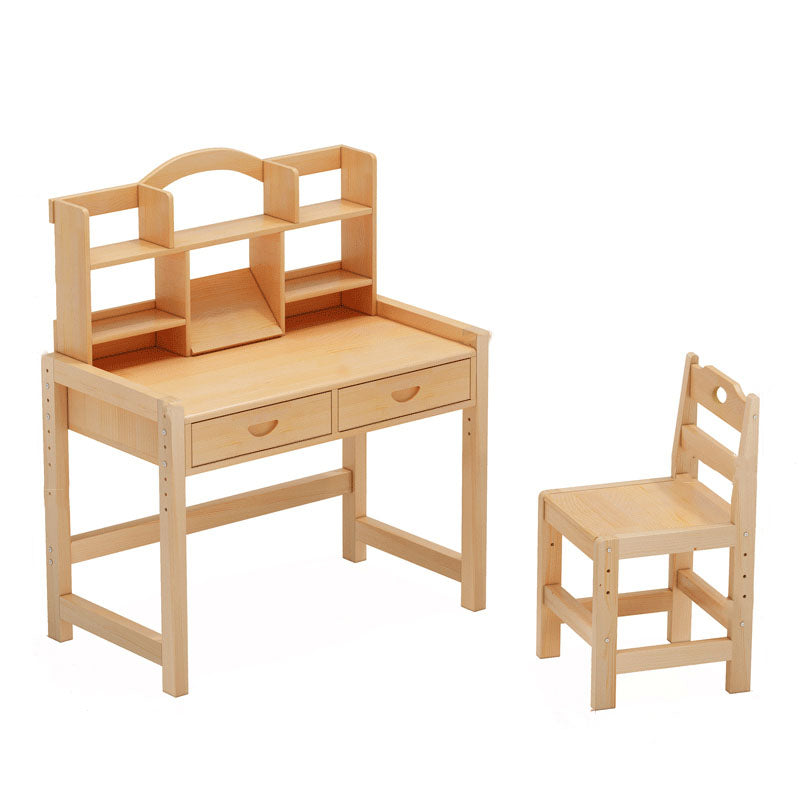 Pine Solid Wood Study Desk Table and Chair Set with Storage Shelves