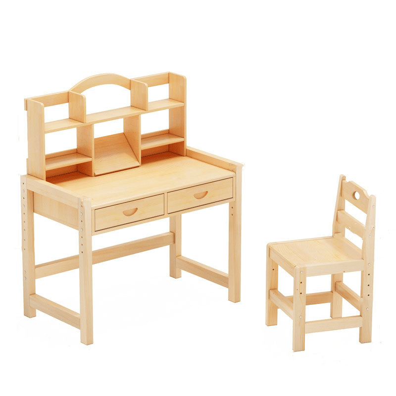 Pine Solid Wood Study Desk Table and Chair Set with Storage Shelves