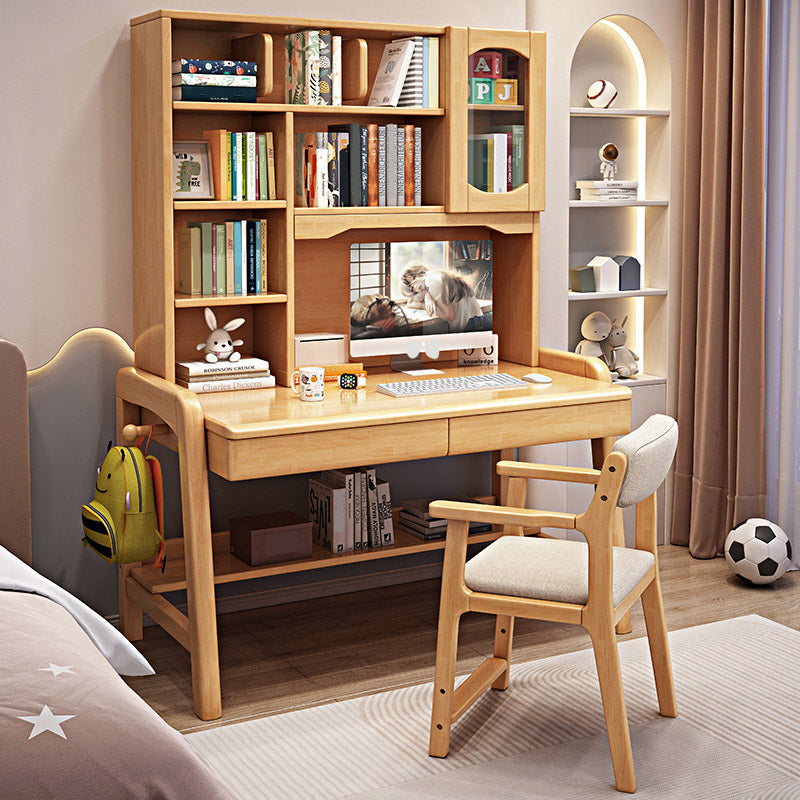 Solid Wood Study Desk Ergonomic Home Desk with Chair with Bookshelf