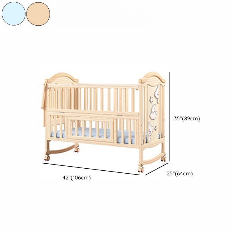 Contemporary 3-in-1 Natural Solid Wood Convertible Baby Bed with Wheels