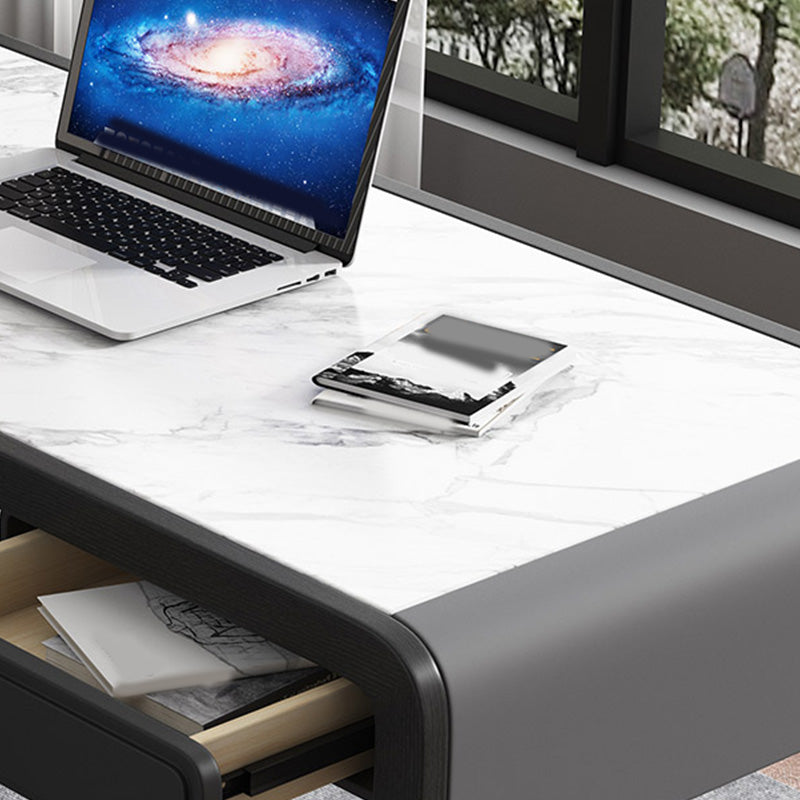 Modern Stone Office Desk Rectangle Task Desk with 2 Drawers for Home