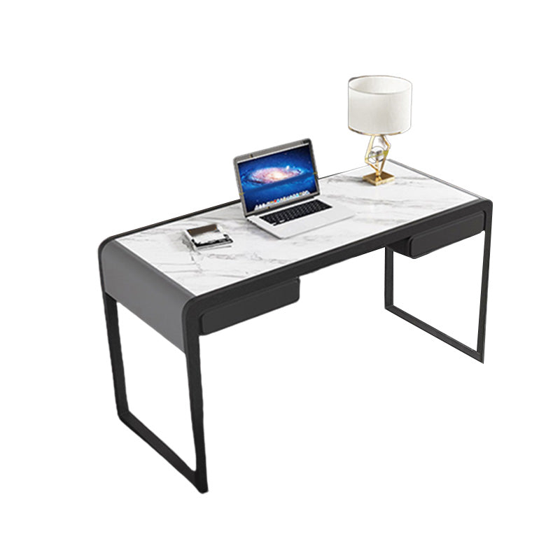 Modern Stone Office Desk Rectangle Task Desk with 2 Drawers for Home