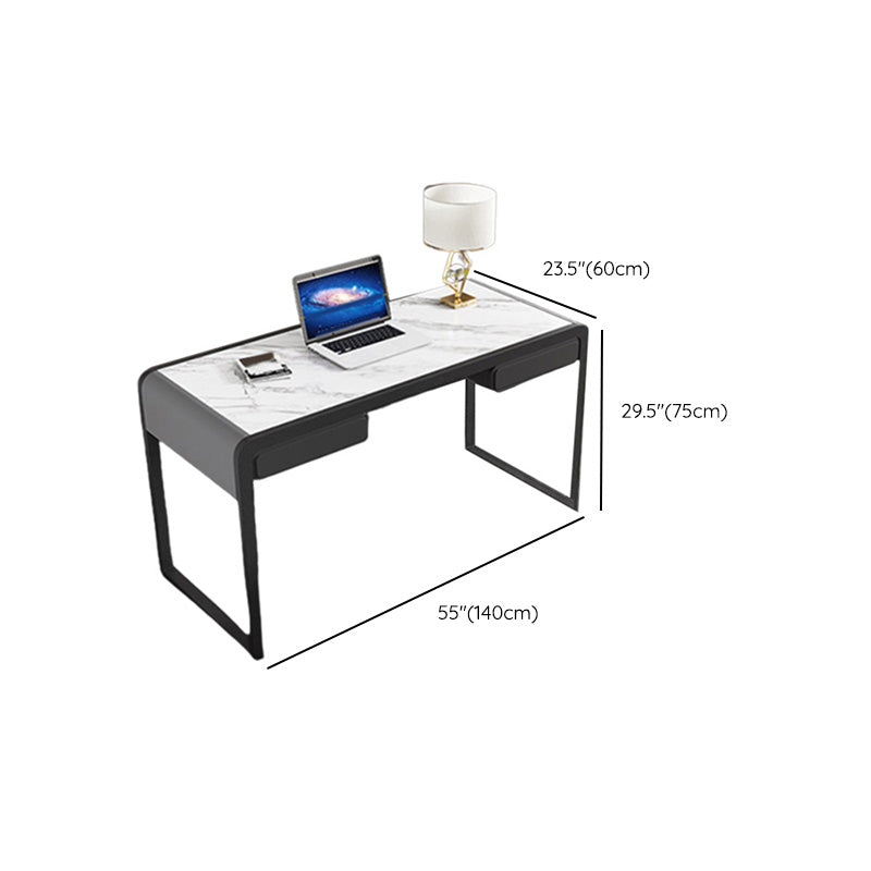 Modern Stone Office Desk Rectangle Task Desk with 2 Drawers for Home