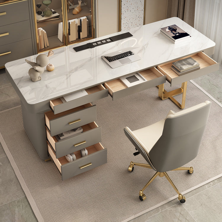 Modern Slate Top Office Desk Rectangle Writing Desk with 6 Drawers for Home