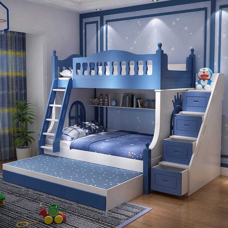 Scandinavian Solid Wood Blue Dollhouse Storage with Guardrail Kids Bed