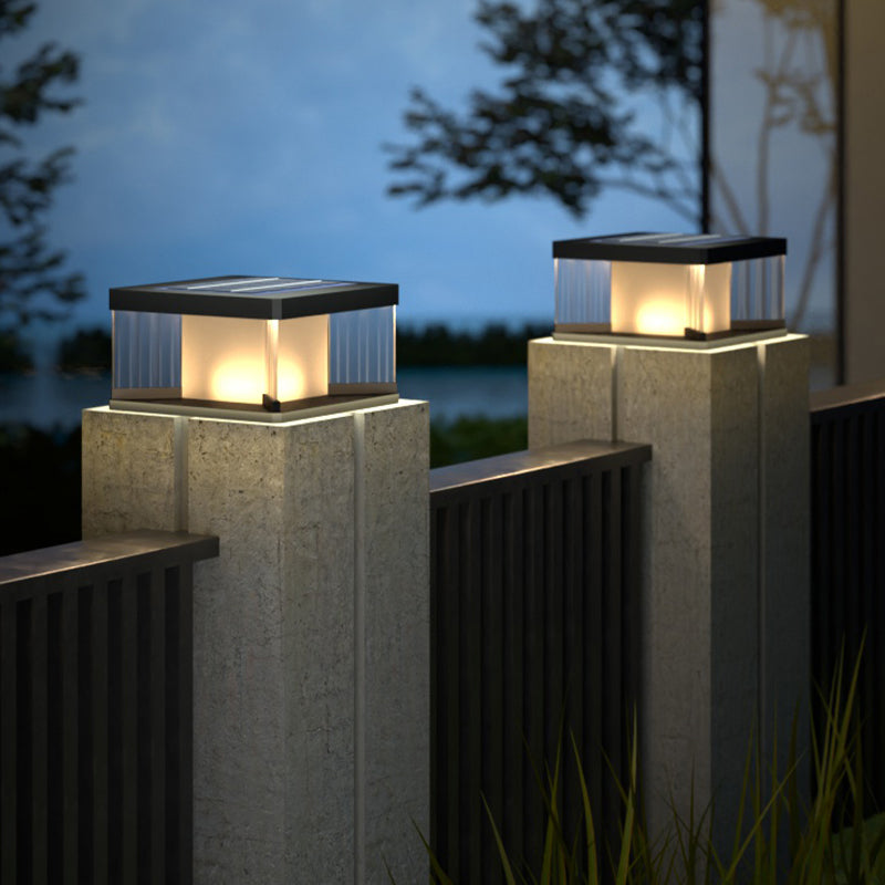 Metal Rectangular Shape Solar Pillar Lamp Modern 1 Light Outdoor Lights in Black