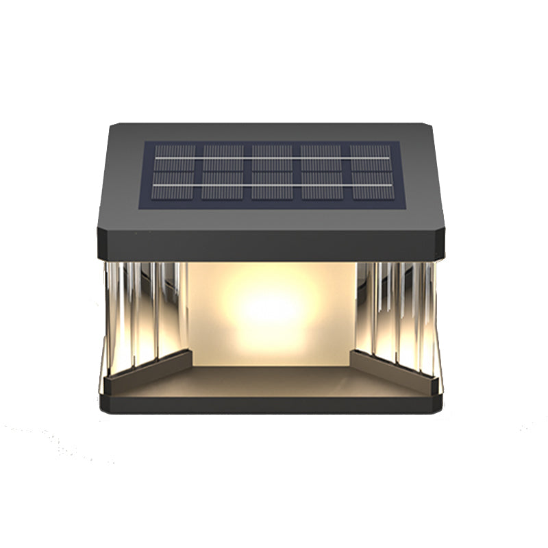 Metal Rectangular Shape Solar Pillar Lamp Modern 1 Light Outdoor Lights in Black