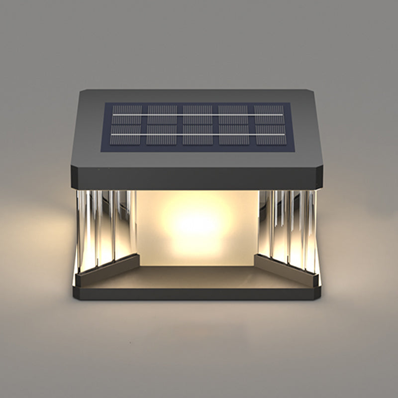 Metal Rectangular Shape Solar Pillar Lamp Modern 1 Light Outdoor Lights in Black