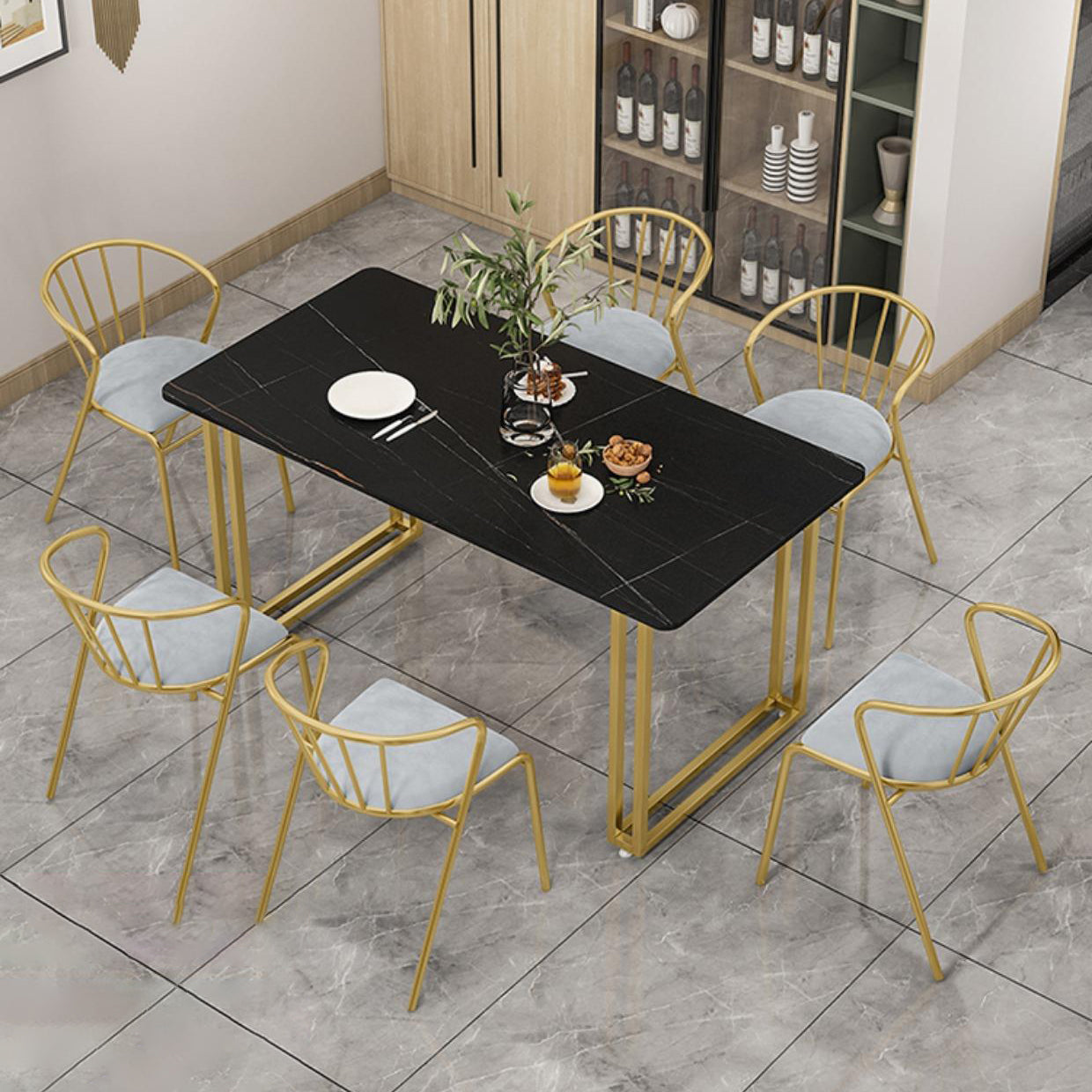 Glam Dinette Set with Gold Metal Frame 1/5/7 Pieces Stone Top Dining Table Set