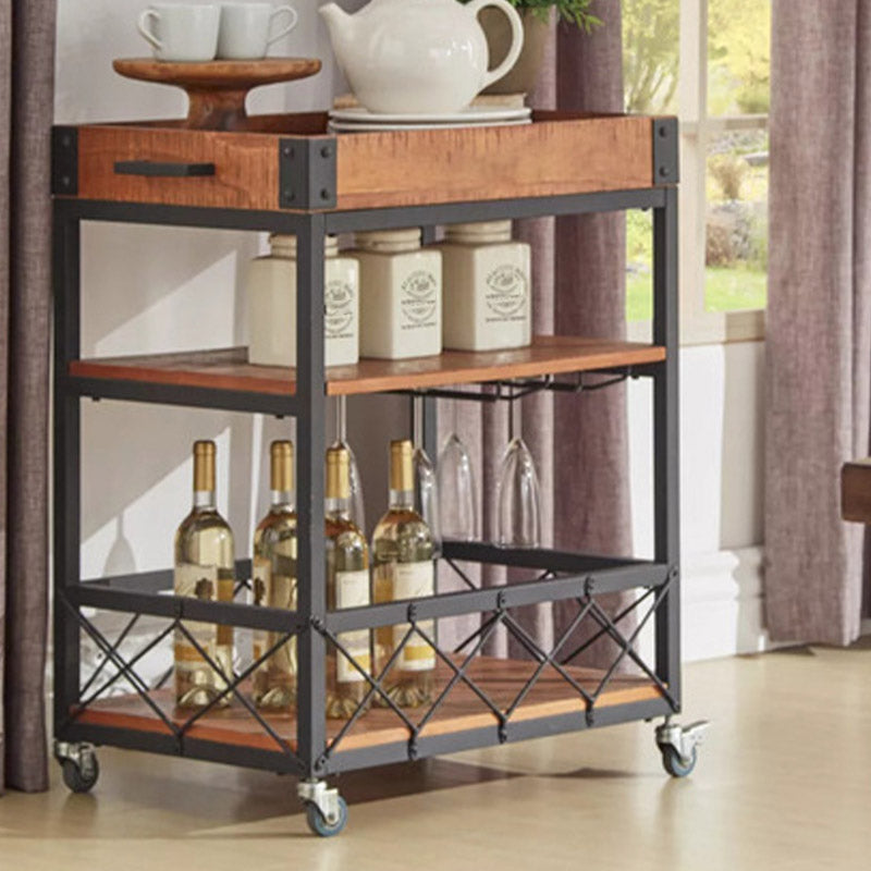 Modern Open Storage Kitchen Trolley Pine Wood Rolling Prep Table