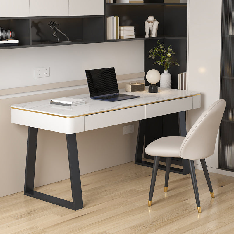 Modern Slate Top Office Desk Rectangle Writing Desk with 2 Drawers