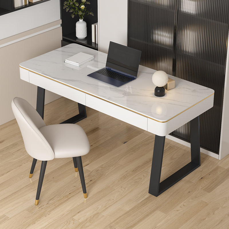 Modern Slate Top Office Desk Rectangle Writing Desk with 2 Drawers