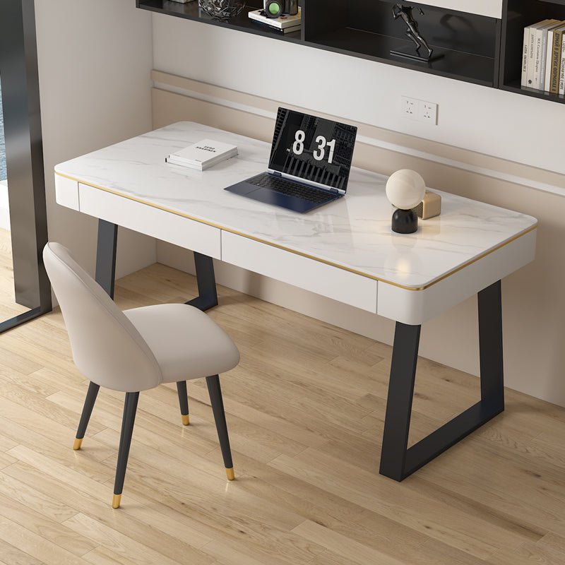 Modern Slate Top Office Desk Rectangle Writing Desk with 2 Drawers