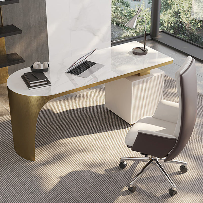 Irregular Shaped Office Table Stone Writing Desk in White/Black