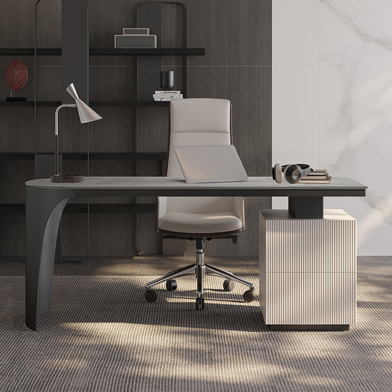 Irregular Shaped Office Table Stone Writing Desk in White/Black