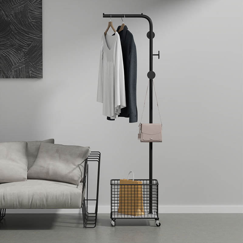 Modern Basket Storage Coat Hanger Castors Detail Metal Coat Rack for Living Room