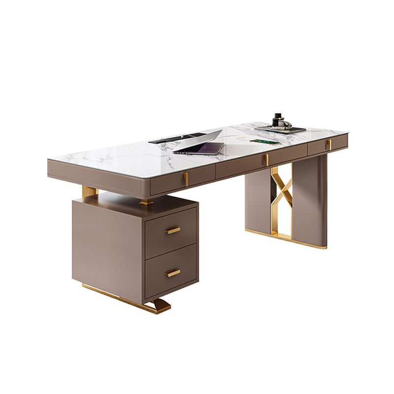 Modern Stone Office Desk Rectangular Shape Task Desk with 5-Drawers in Grey