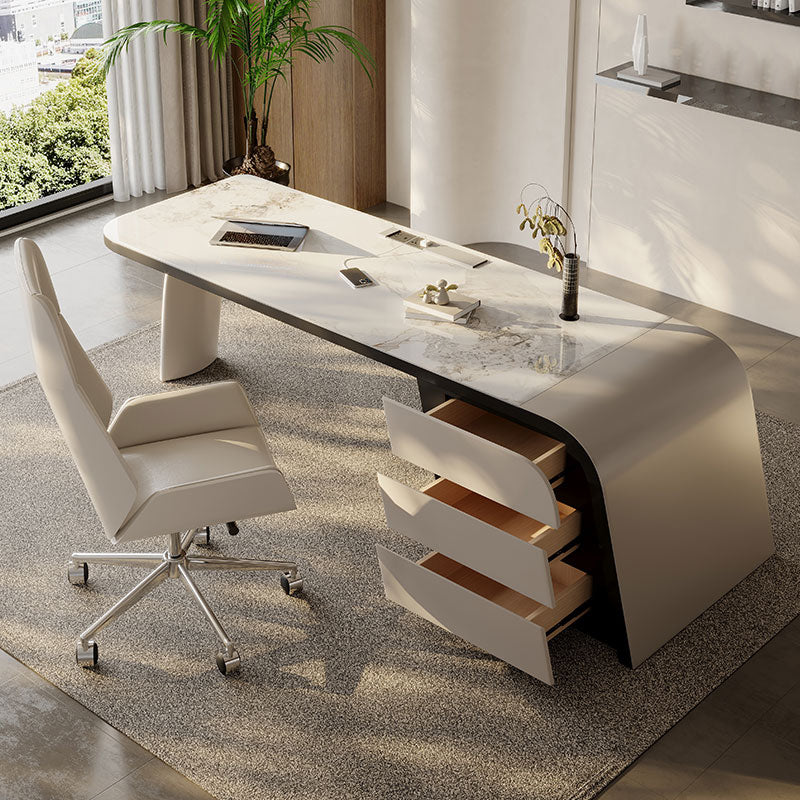 Modern Stone Office Desk Rectangular Shape Task Desk with 3-Drawers for Office