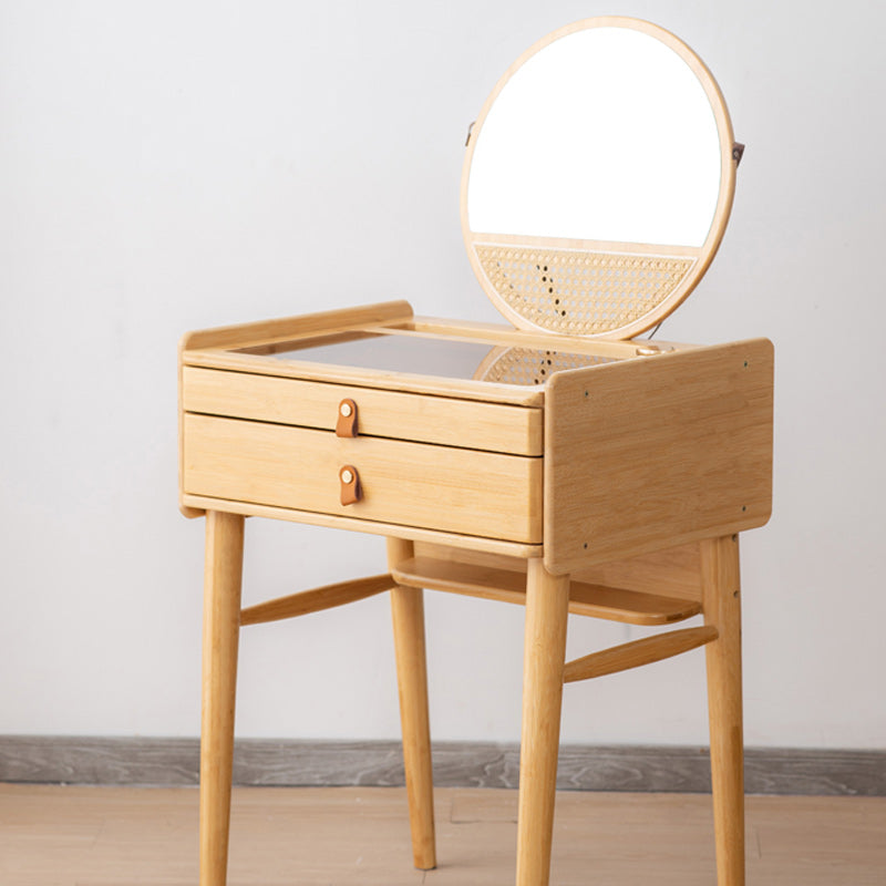 Scandinavian Natural Bedroom Solid Wood Mirror With Drawer Makeup Vanity Set