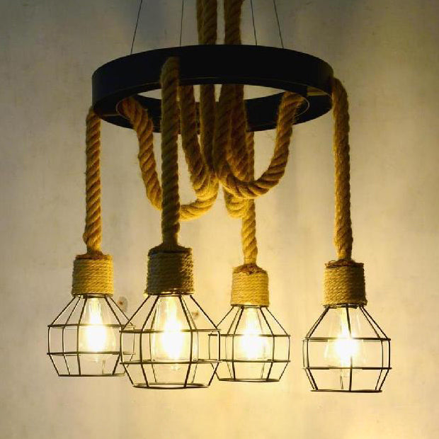 4/6 Bulbs Dome Cage Ceiling Light Retro Style Brown Rope and Metal Chandelier Pendant Light for Hallway