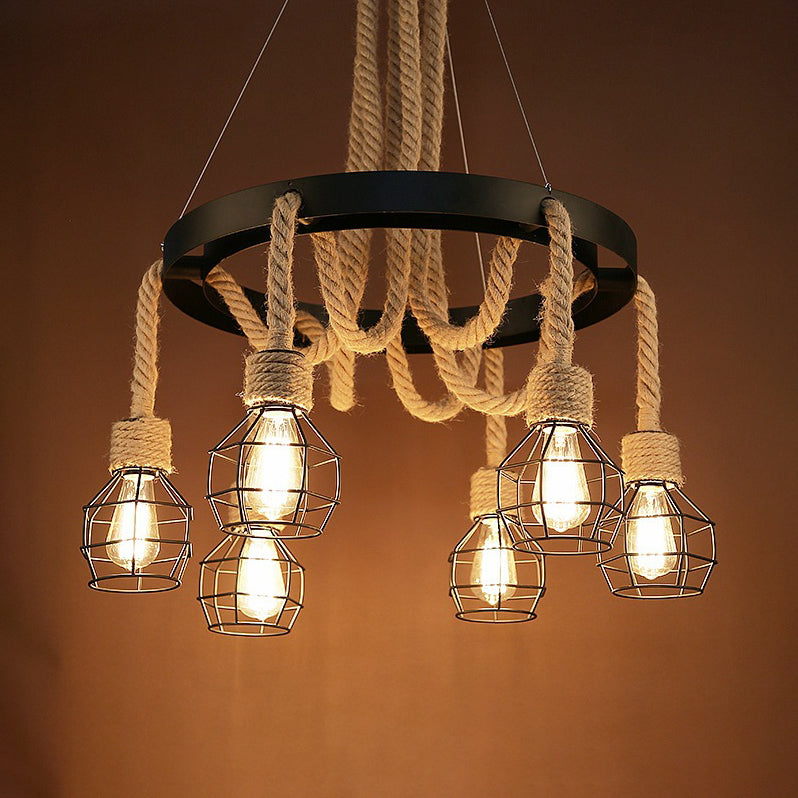 4/6 Bulbs Dome Cage Ceiling Light Retro Style Brown Rope and Metal Chandelier Pendant Light for Hallway