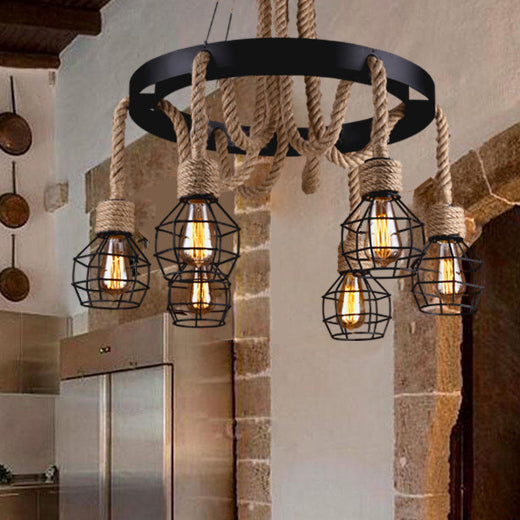 4/6 Bulbes Dome Cage Light Retro Style Brown Brow and Metal Chandelier Pendant Light for Halway