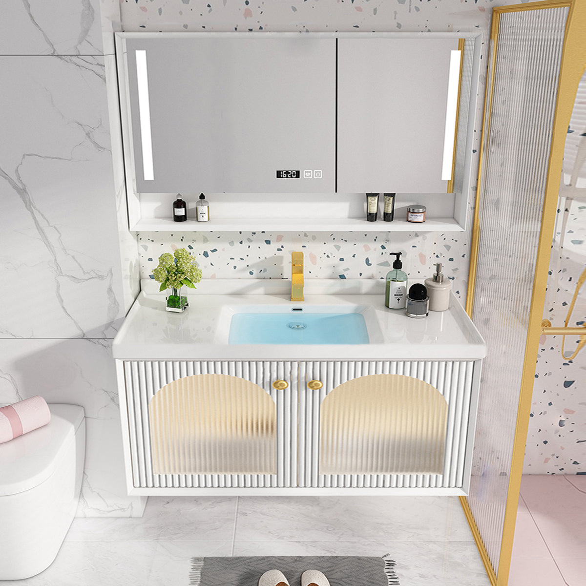 Wall Mount Bath Vanity Wood Frame Soft Close Door Single Sink White Vanity with Mirror