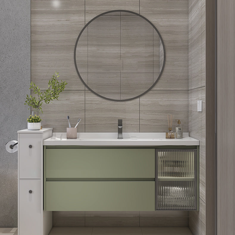 Waterproof Vanity Green Wood Frame Single Sink Drawers Mirror Wall-Mounted Vanity