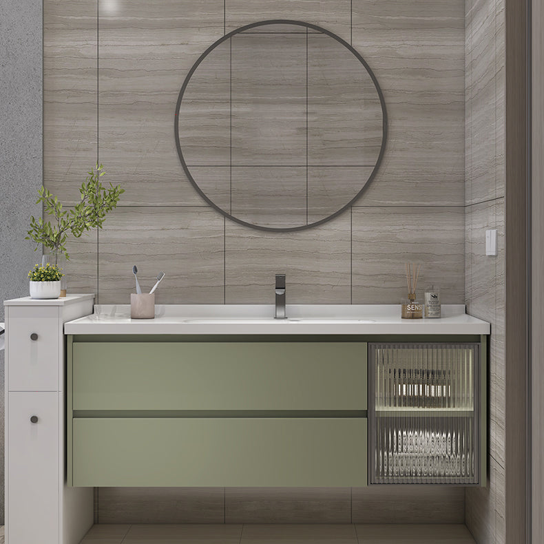 Waterproof Vanity Green Wood Frame Single Sink Drawers Mirror Wall-Mounted Vanity