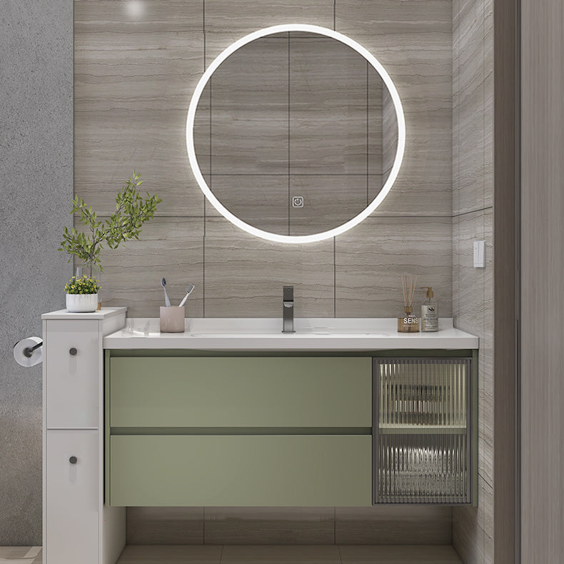 Waterproof Vanity Green Wood Frame Single Sink Drawers Mirror Wall-Mounted Vanity