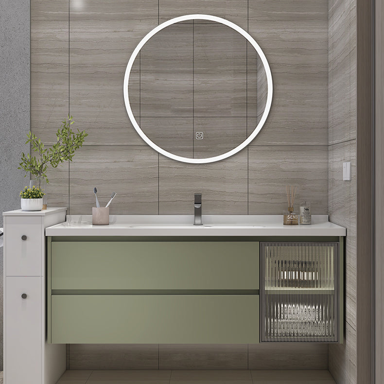 Waterproof Vanity Green Wood Frame Single Sink Drawers Mirror Wall-Mounted Vanity