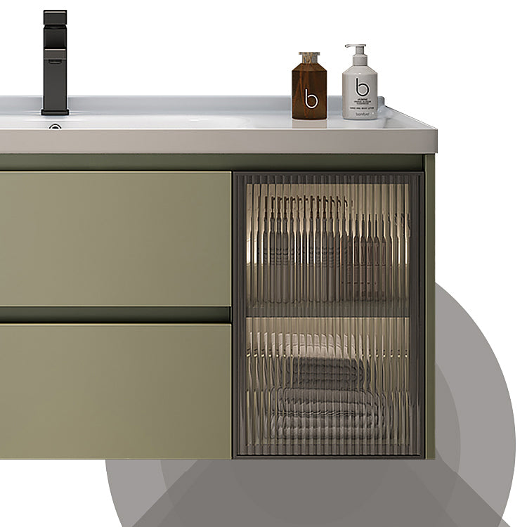 Waterproof Vanity Green Wood Frame Single Sink Drawers Mirror Wall-Mounted Vanity